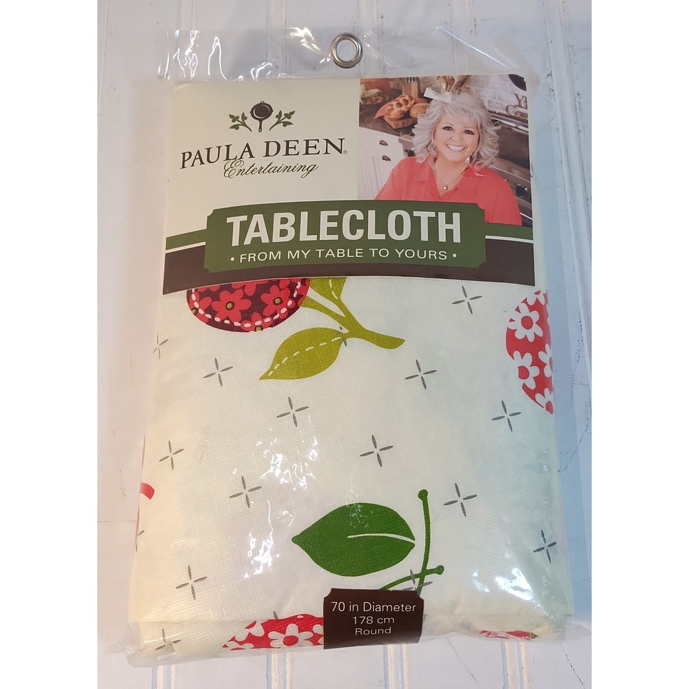 Paula Deen Entertaining Fruit Print Cherry Round Tablecloth 70" PEVA Backing NEW